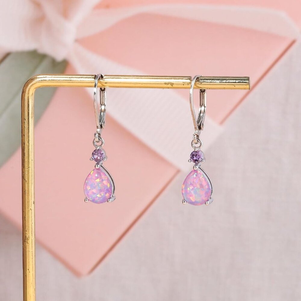 Leverback Opal Dangle Drop Earrings For Women Girls 14K Gold Plated Teardrop Ear - Picture 4 of 7